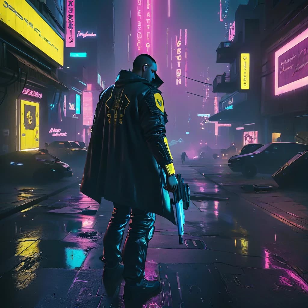 Киберпанк 2077, мужчина двадцати пяти лет, соло, кожаный плащ, стальные руки и ноги, кибер-глаз правый, улицы города, гетто, два пистолета в руках, ночь