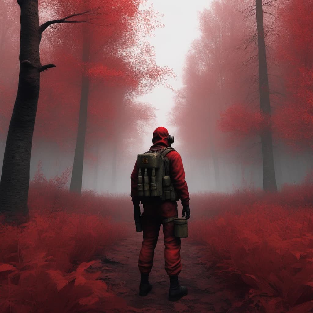 Тема: игра S.T.A.L.K.E.R 
Сталкер стоит в рыжем лесу(бору) в противогазе, в рюкзаке и автоматом Калашникова в руке. Сталкер стоит в далеке, на землю опущен туман, листья дерьев рыжие.