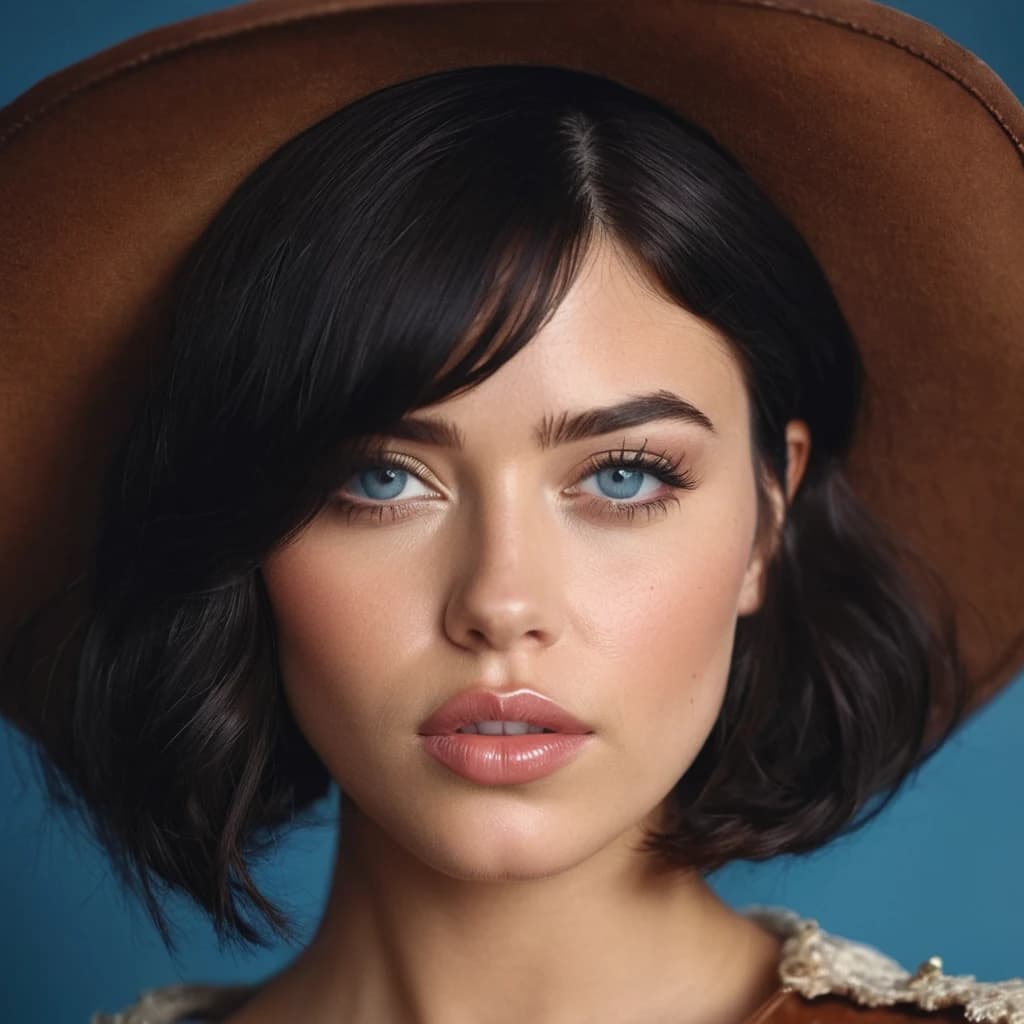 create an art of a dark haired cowboy girl with a bob haircut, with blue eyes and plump lips.