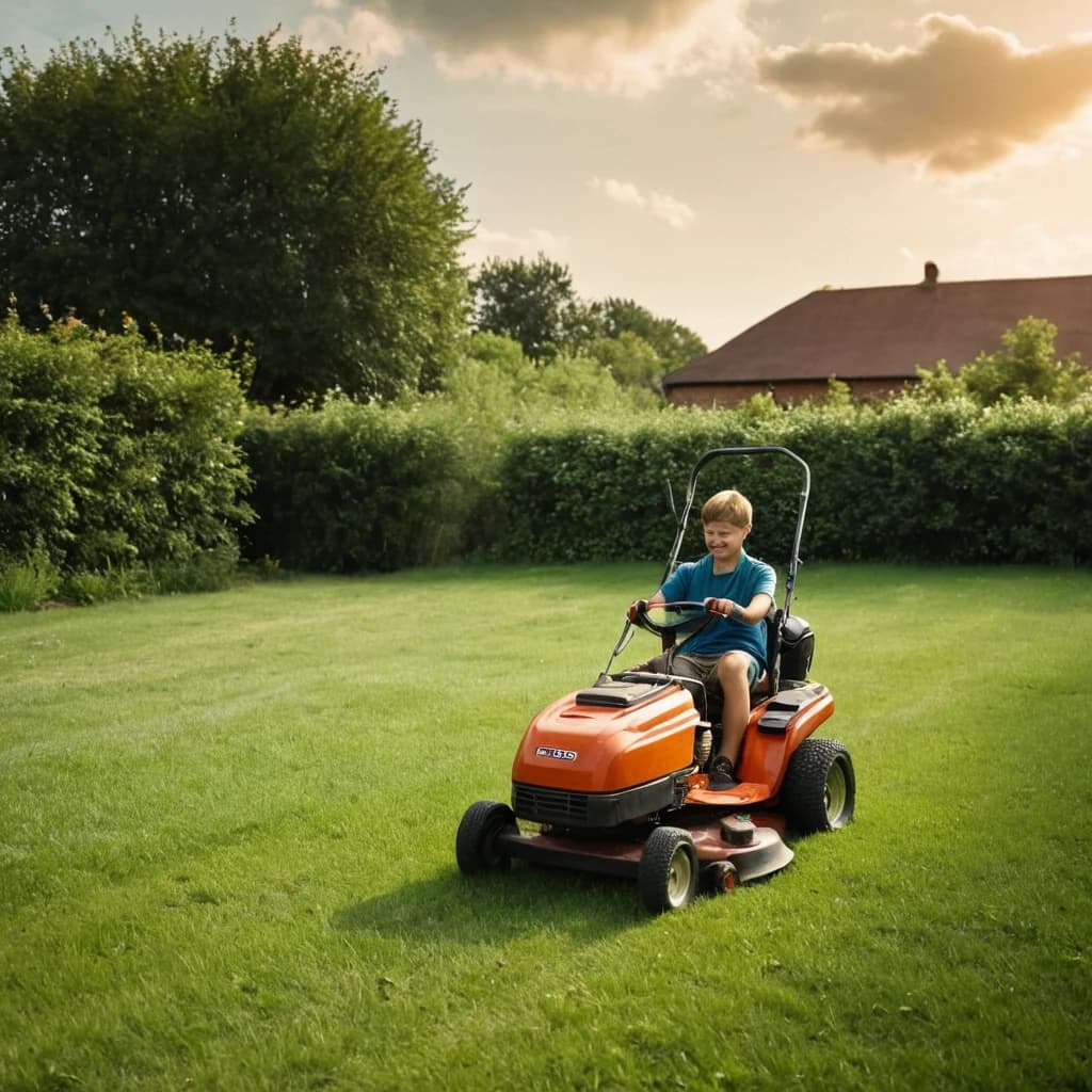 The scene is a tanhouse, a boy works as a lawn mower with a small lawn mower, the weather is sunny, everyone is smiling and waving their hands!