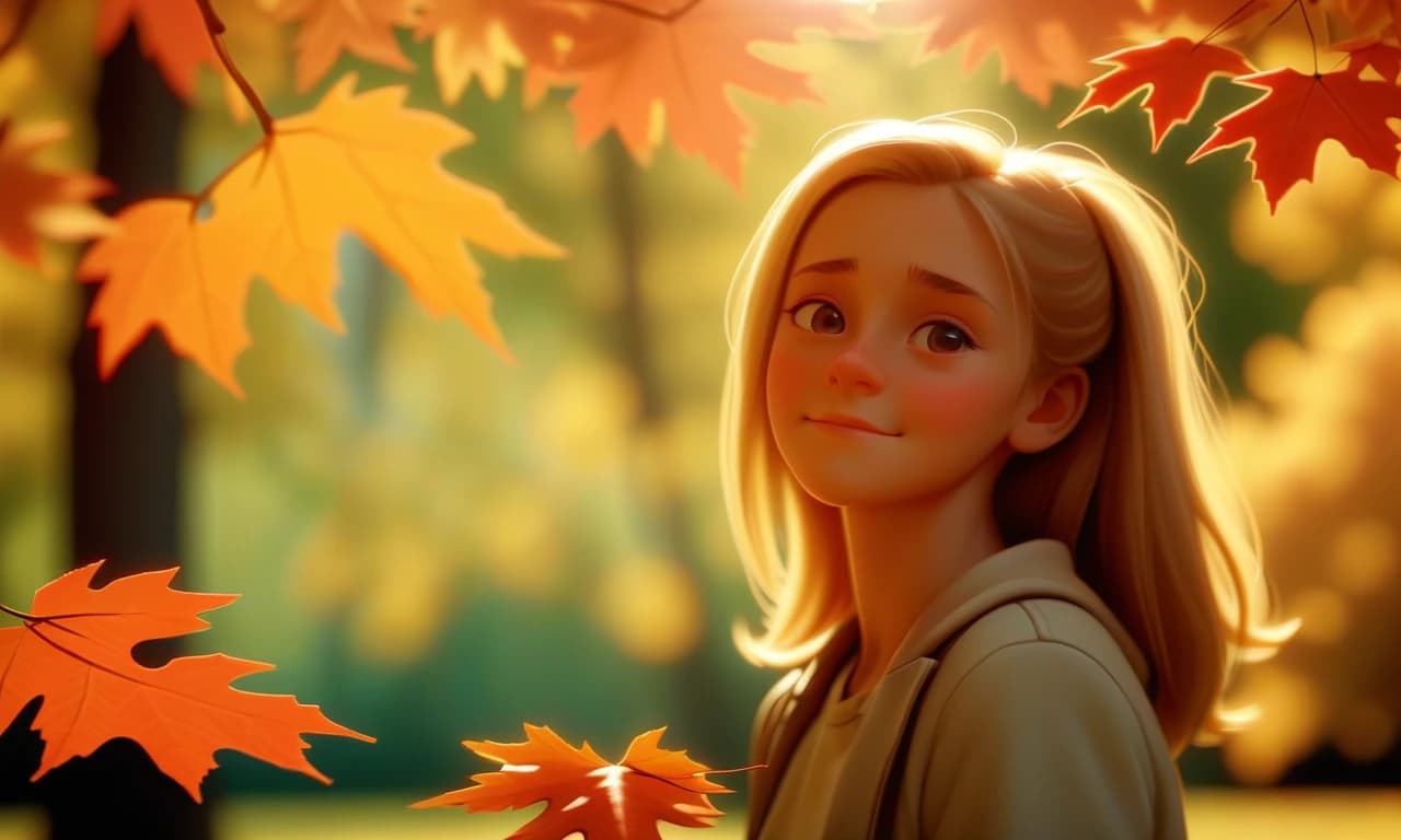 , фотореализм, happiness, girl, early autumn, park, sun, maple, rowan, sharp background