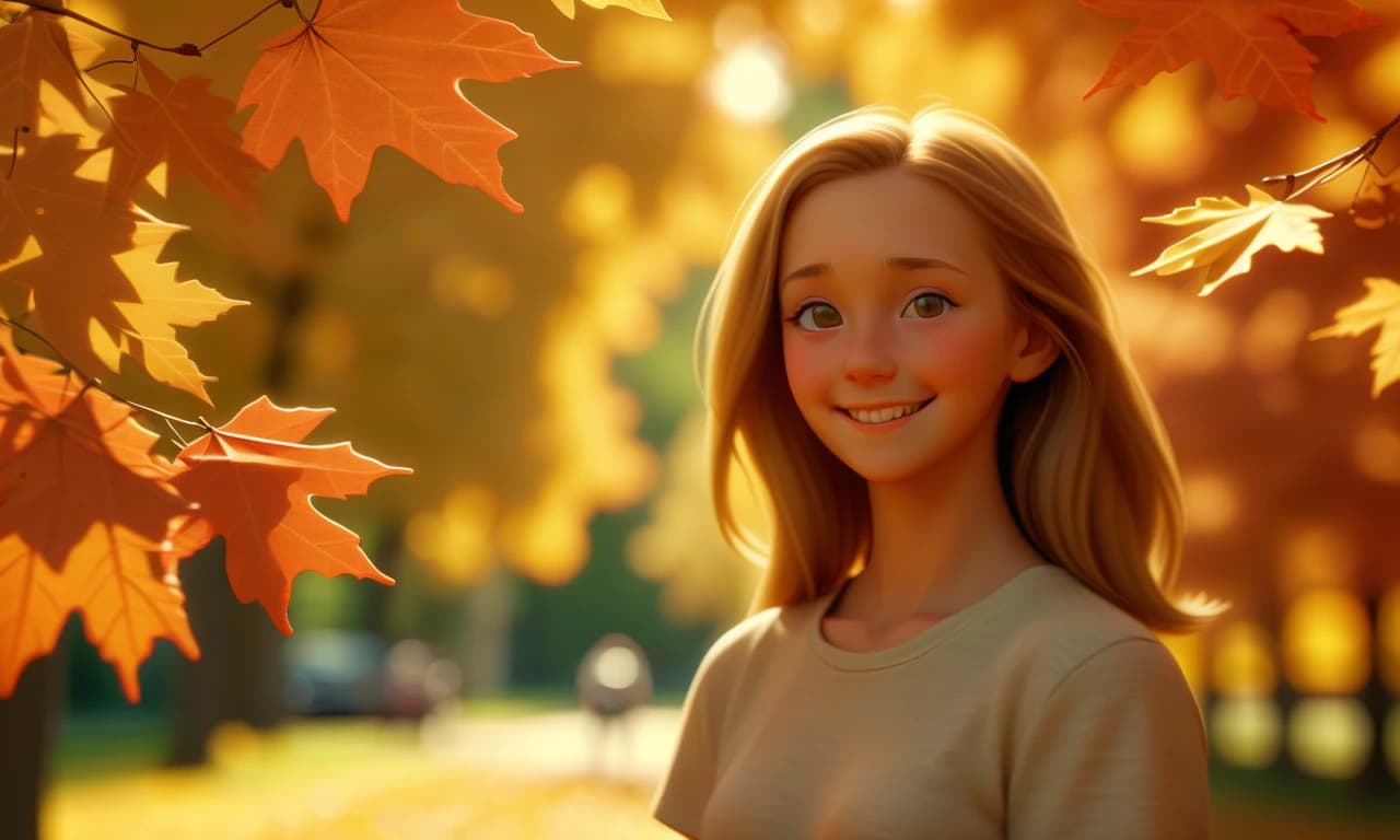, фотореализм, happiness, girl, early autumn, park, sun, maple, rowan, sharp background