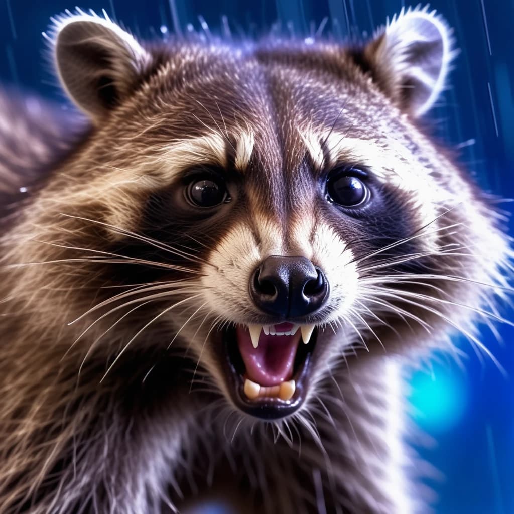 Angry Raccoon, blue rays on neon background, in the rain