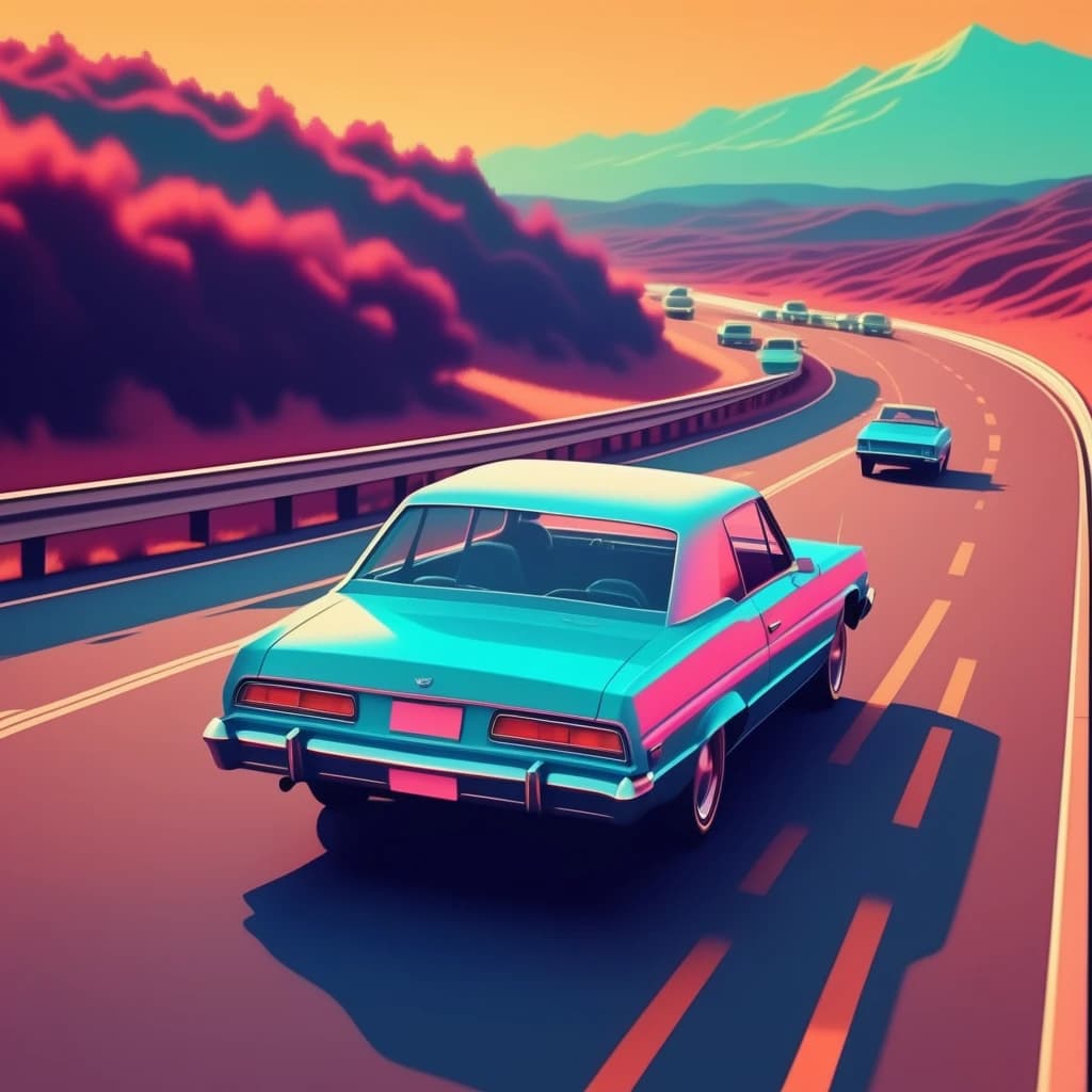 Автомобиль едет по трассе и всё это в стиле retrowave