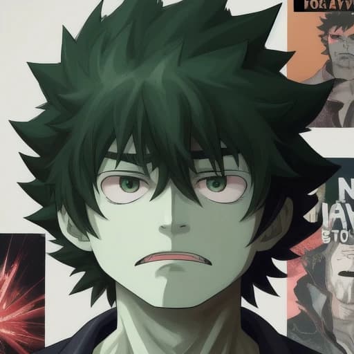 a close up of a person with an evil look on their face, poster art inspired by Okumura Togyu, featured on deviantart, auto-destructive art, muscular male hero, izuku midoriya, dark backgroud