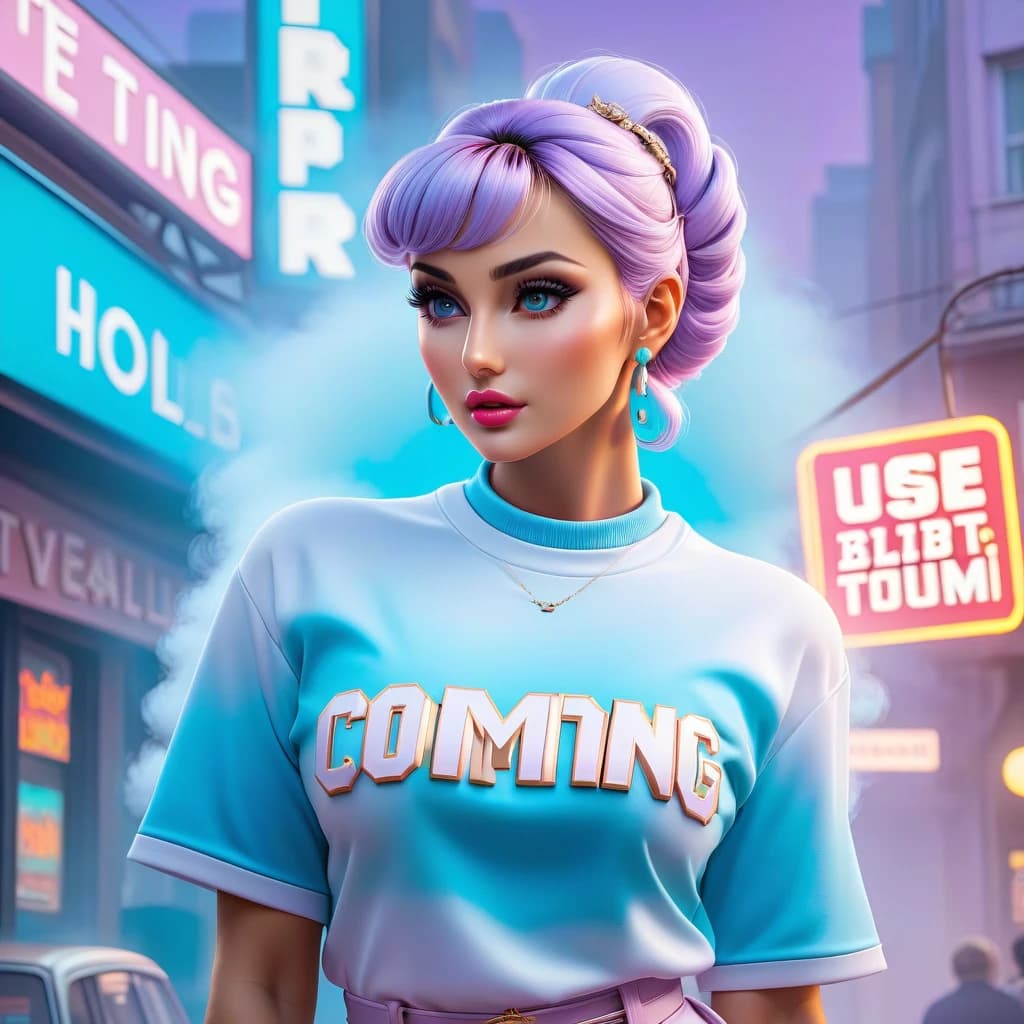 Make a poster with the words "Coming soon". The poster shoul be in pastel colours white, light-purple, light-blue, use gradient.
