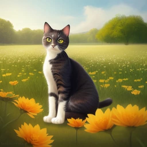 a cat sitting in a field of flowers, a digital painting, by Marie Bashkirtseff, deviantart contest winner, furry art, hr ginger, 4k. high quality, 1024x1024, cute kittens