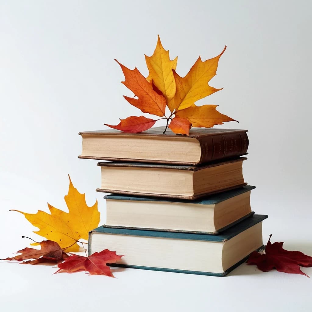 листья осенние и стопка книг  на белом фоне акварель