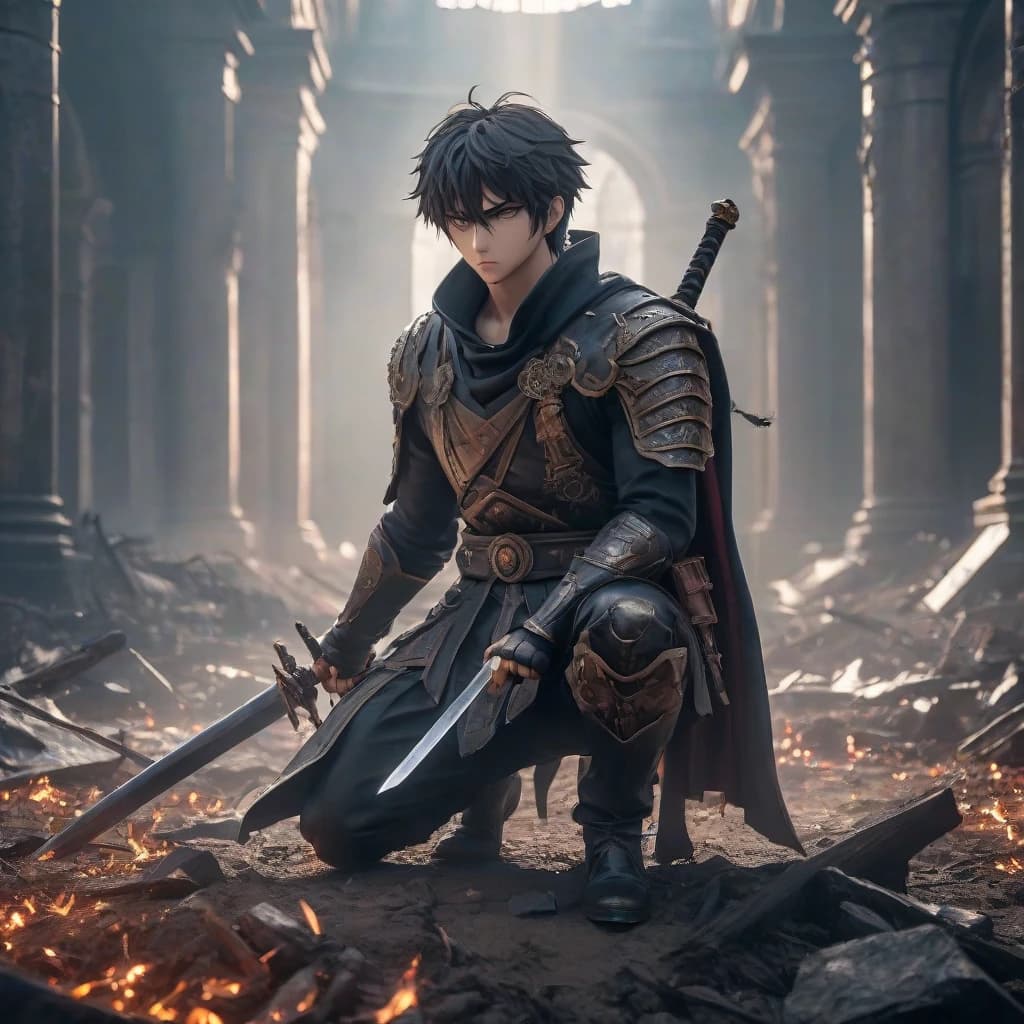 anime character guy, a dark aura envelops him, he is sad, he holds a sword in his hand and behind him is the devastation after the battle, he is on his knees, very angry