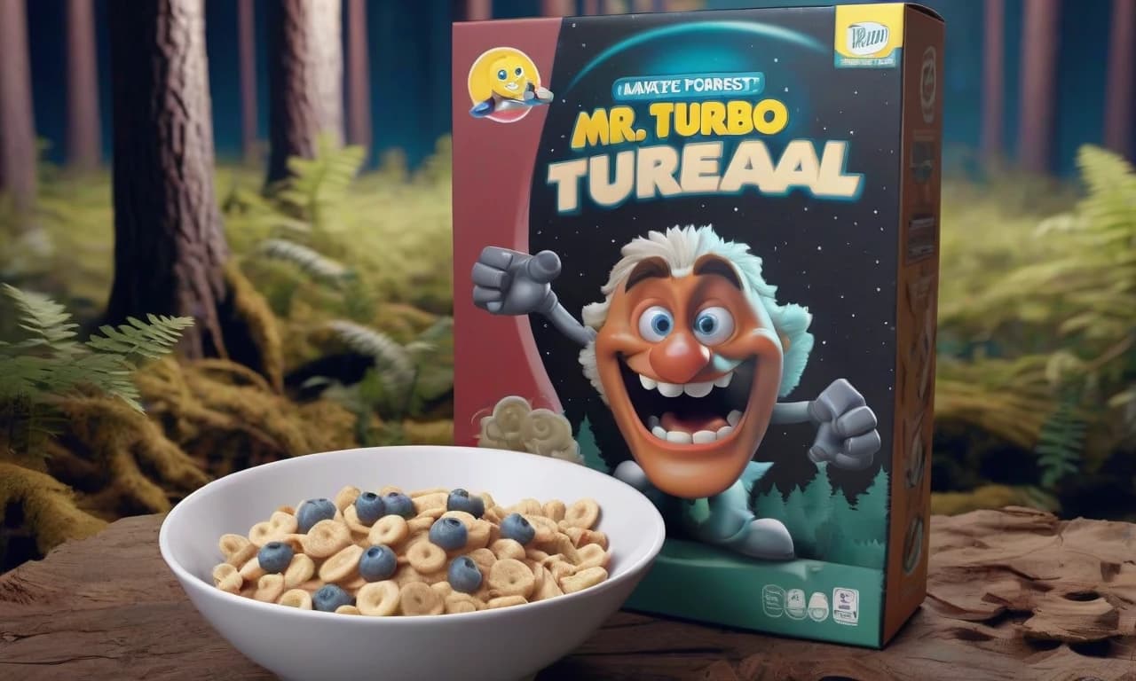 A box of cereal "Mr. Turbo" with an image on the package against a night fancy forest background