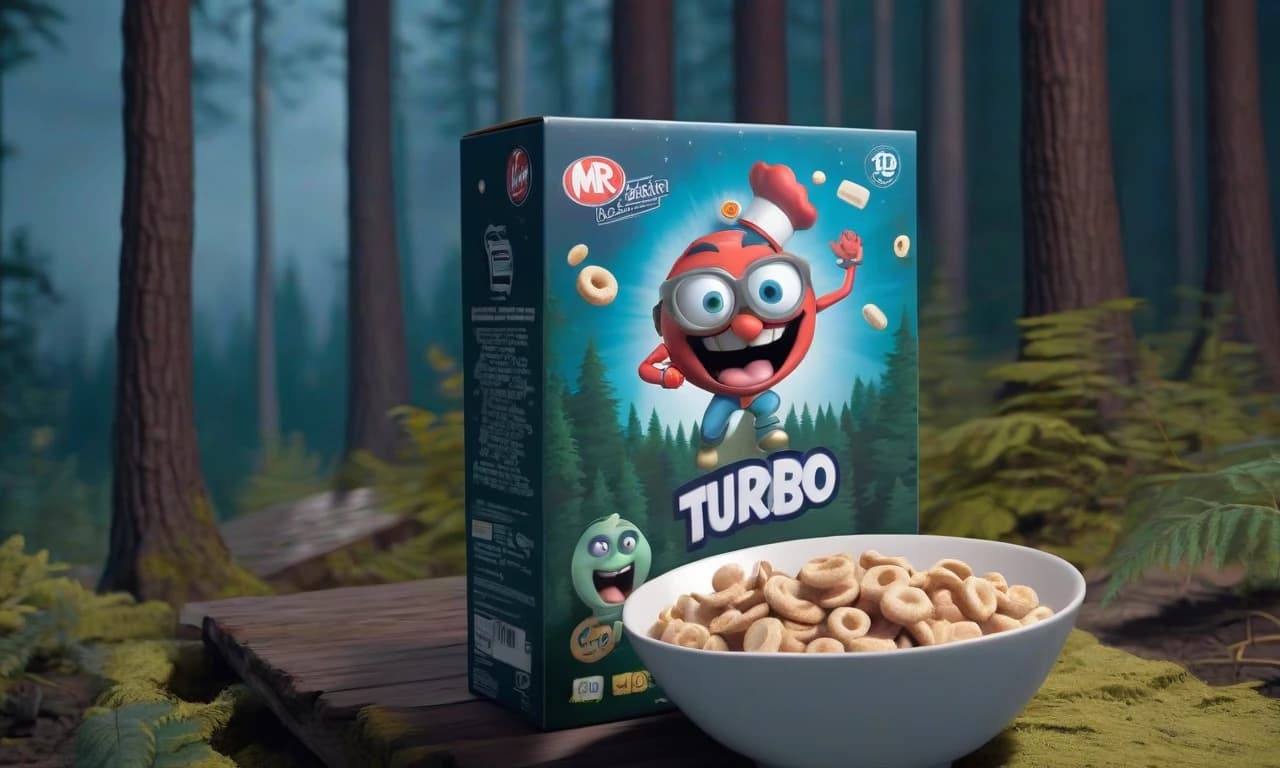 A box of cereal "Mr. Turbo" with an image on the package against a night fancy forest background