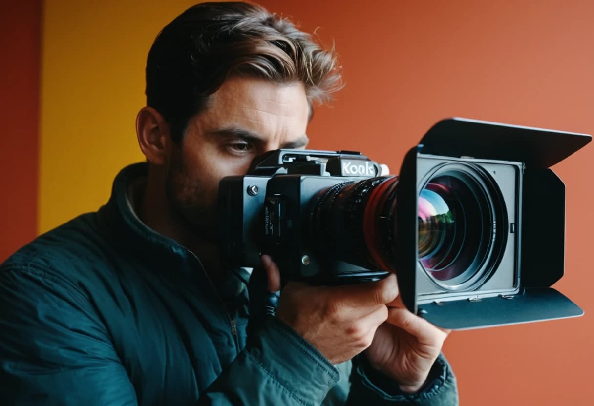 веселый фотограф с фотоаппаратом
