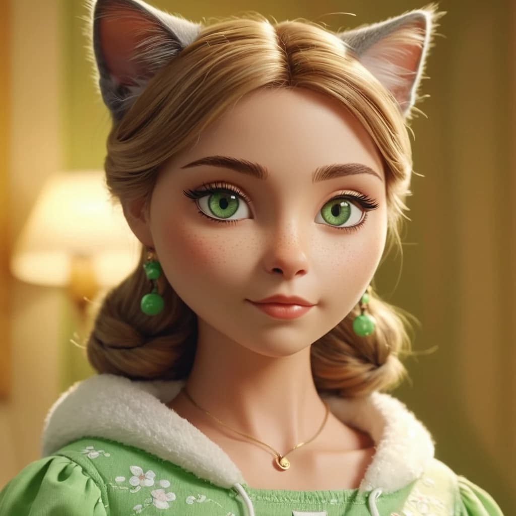 A cute humanoid woman cat, with woman body, beautiful face with big green eyes, dressee in dress and sneakers, Disney cartoon style