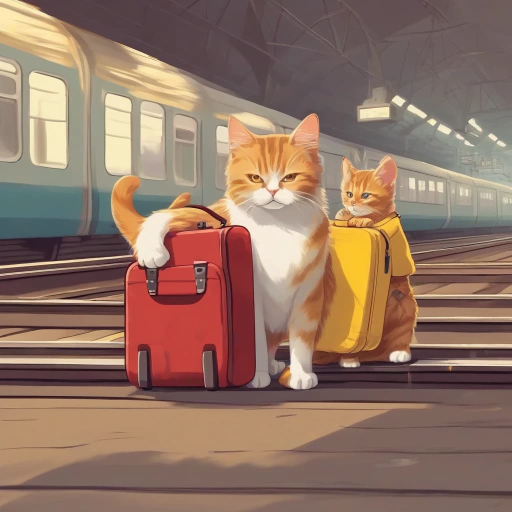 a cat and a kitten stand on two legs, a cat holds a red little bag, stands on a railway station, a kitten stands next to the cat, he put his paw on a yellow suitcase, the suitcase is on the floor