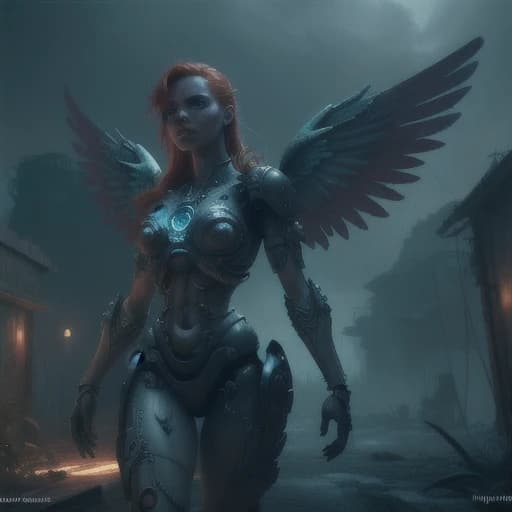 An abandoned city that is invaded by plants. People have long been extinct and only empty structures and abandoned cars remind of them. A red-haired cyborg girl with robotic wings stands and looks at the former civilization