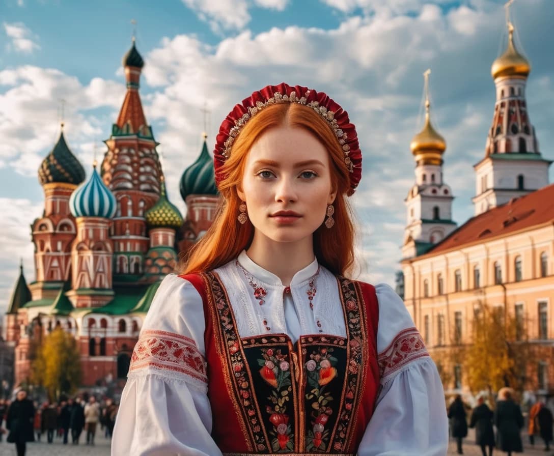 Город Чита в образе красивой русоволосой девушки в традиционном народном костюме, на фоне городских достопримечательностей, высокая детализация
