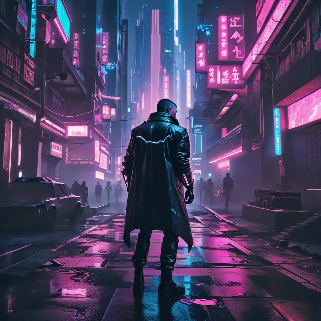 Киберпанк 2077, мужчина двадцати пяти лет, соло, кожаный плащ, стальные руки и ноги, кибер-глаз правый, улицы города, гетто, два пистолета в руках, ночь