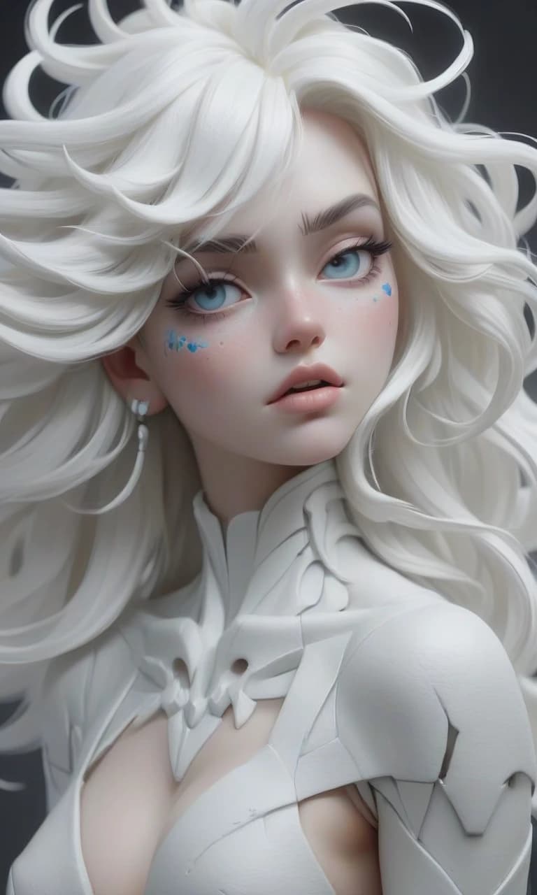 white powder is scattered on a white polished table and a drawing of a girl's figure is made of powder, beautifully, fascinatingly, attractively, with bright memorable details, a drawing of a girl's figure and face in the style of primitivism, artstation, drawing with large shapes
