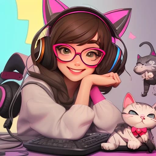 Девочка играет в компьютерные игры в наушниках  и с микрофоном и в очках брюнетка и игрушки на фоне твич стримит и улыбается рядом серый кот