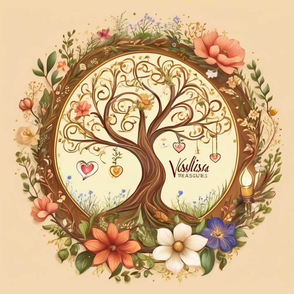 A fairy tale style logo for "Vasilisa's Treasures" workshop. At the center, there is a magical tree with branches forming a circle,surrounded by flowers and grass. On the branches, there are soft flowers and symbols representing different "magical candles" (heart, star, moon, and whirlpool). Under the tree, the name "Vasilisa's Treasures" is written in an elegant script, highlighted in gold or silver color. Around the name, there are soft decorative elements.