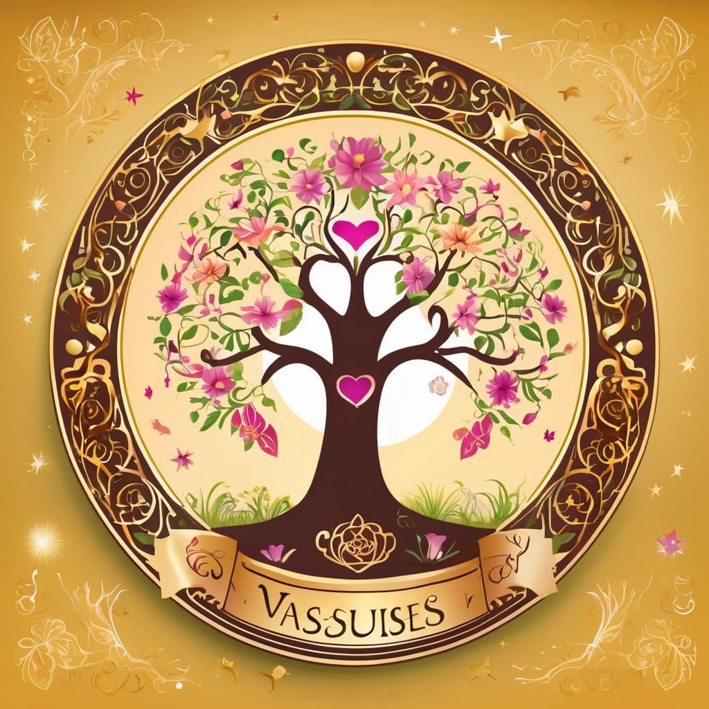 A fairy tale style logo for "Vasilisa's Treasures" workshop. At the center, there is a magical tree with branches forming a circle,surrounded by flowers and grass. On the branches, there are soft flowers and symbols representing different "magical candles" (heart, star, moon, and whirlpool). Under the tree, the name "Vasilisa's Treasures" is written in an elegant script, highlighted in gold or silver color. Around the name, there are soft decorative elements.