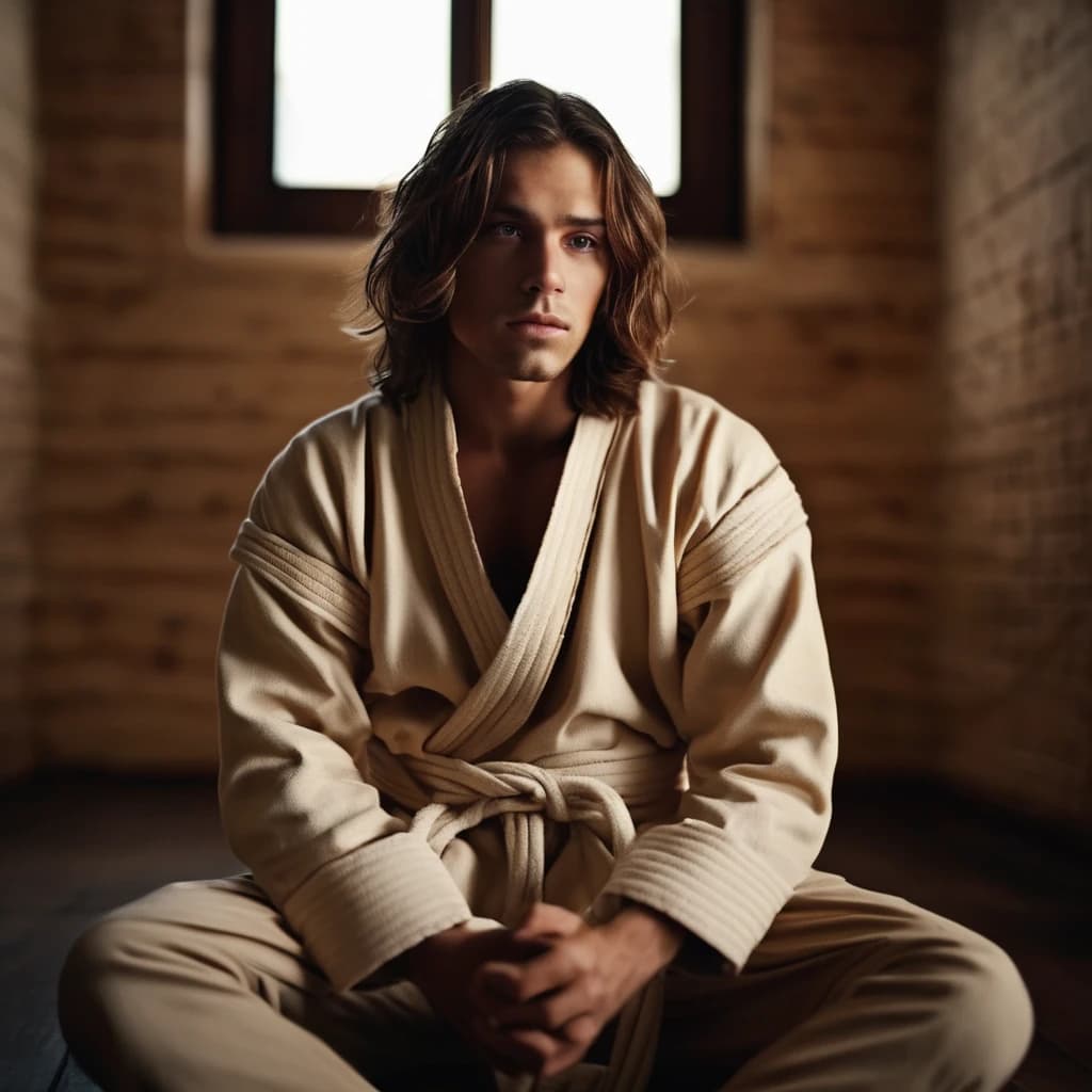 A young man with shoulder-length hair, wearing a straitjacket with his hands tied behind his back, sits on the floor in a room with soft walls. He is surprised to find himself in this situation