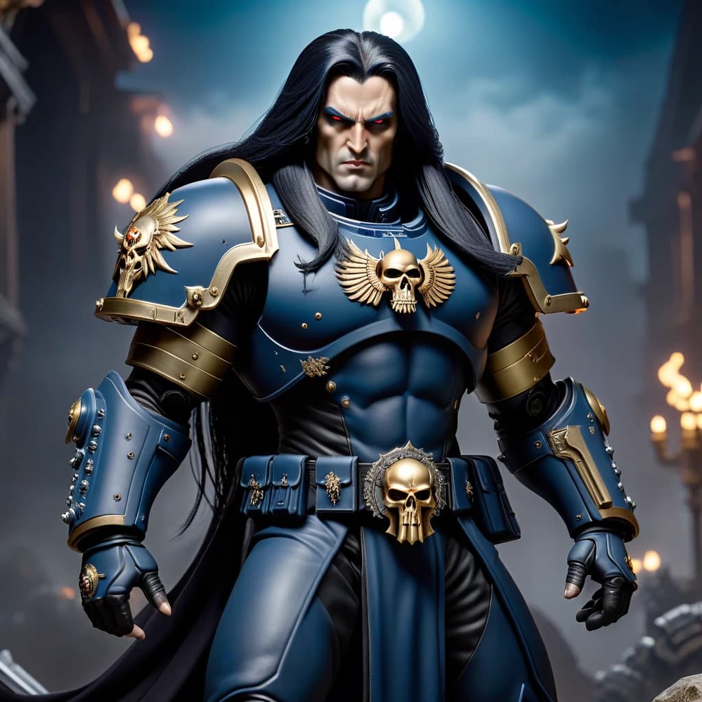 Space Marine Warhammer 40,000 chaos, Lord of the night, pale muchina with long black hair, with mutations of chaos