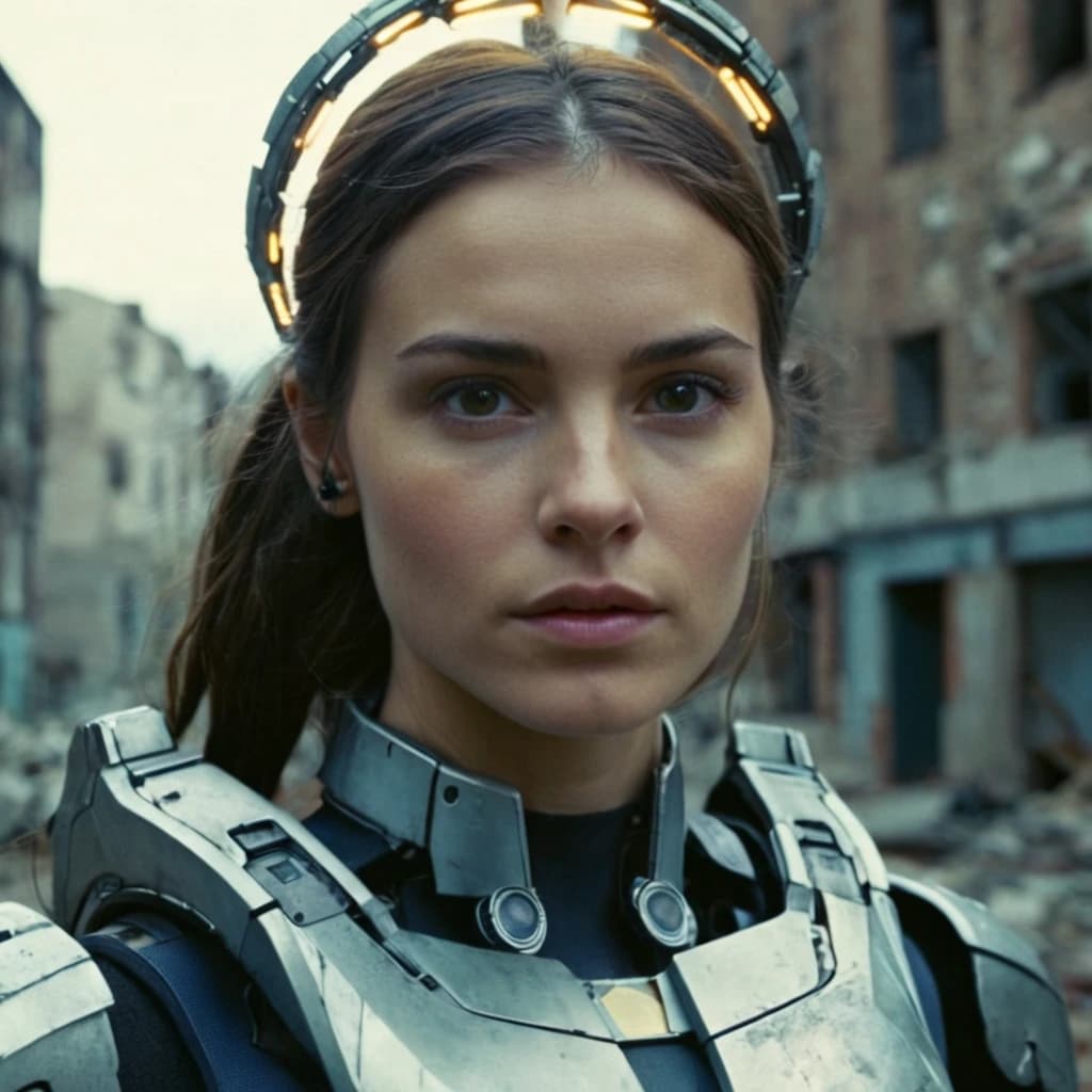 A cyborg girl with a halo over her head. It stands in a ruined and abandoned city