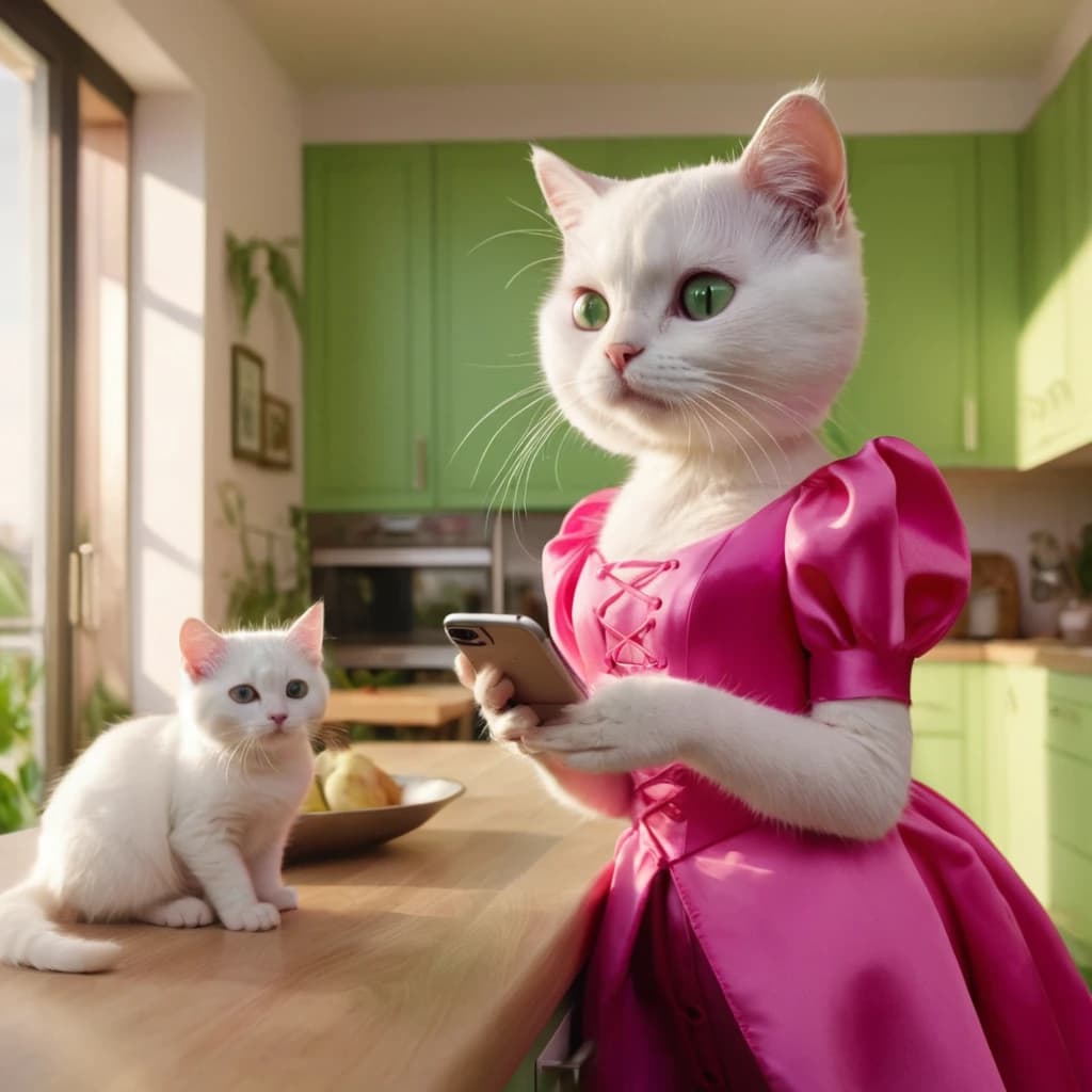 A cute anthropomorphic white cat , with woman figure, beautiful face with big green eyes, dressed in a pink silk dress, slippers, with an iPhone in her hands, against the background of a kitchen in a modern apartment, with a mess ,Disney cartoon style