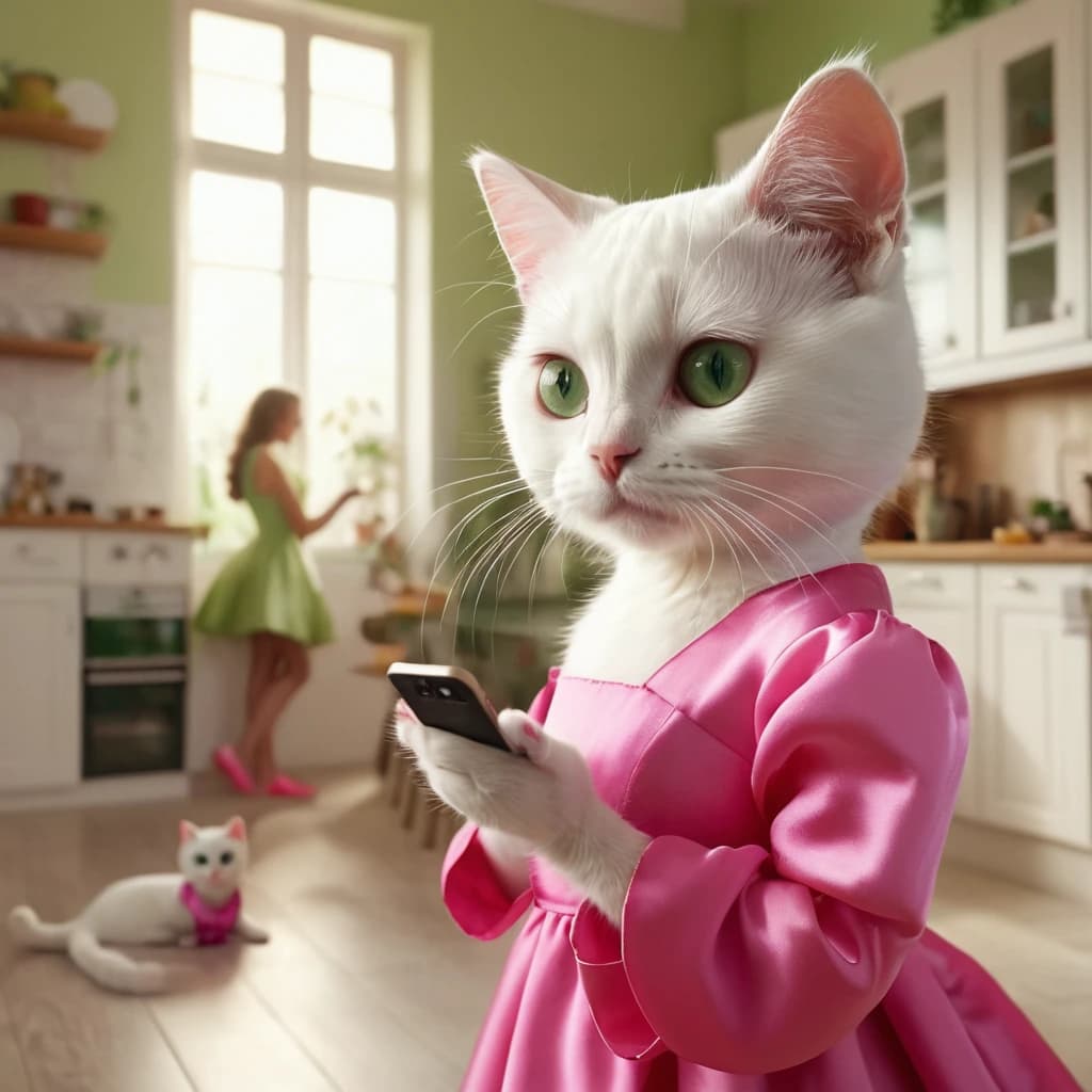 A cute anthropomorphic white cat , with woman figure, beautiful face with big green eyes, dressed in a pink silk dress, slippers, with an iPhone in her hands, against the background of a kitchen in a modern apartment, with a mess ,Disney cartoon style