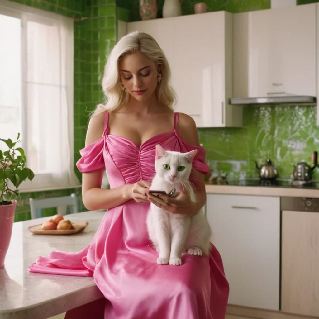 A cute anthropomorphic white cat , with woman figure, beautiful face with big green eyes, dressed in a pink silk dress, slippers, with an iPhone in her hands, against the background of a kitchen in a modern apartment, with a mess ,Disney cartoon style