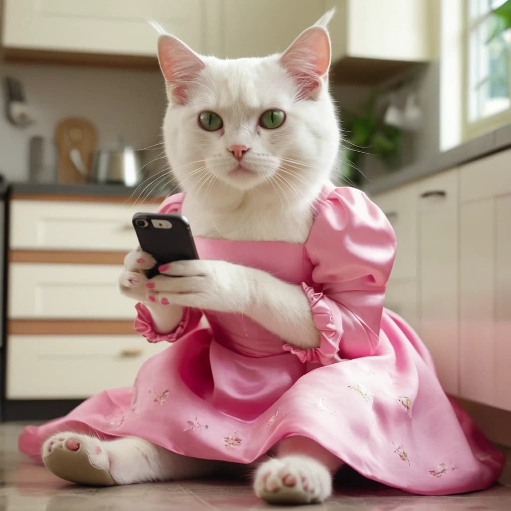A cute anthropomorphic white cat , with woman figure, beautiful face with big green eyes, dressed in a pink silk dress, slippers, with an iPhone in her hands, against the background of a kitchen in a modern apartment, with a mess ,Disney cartoon style