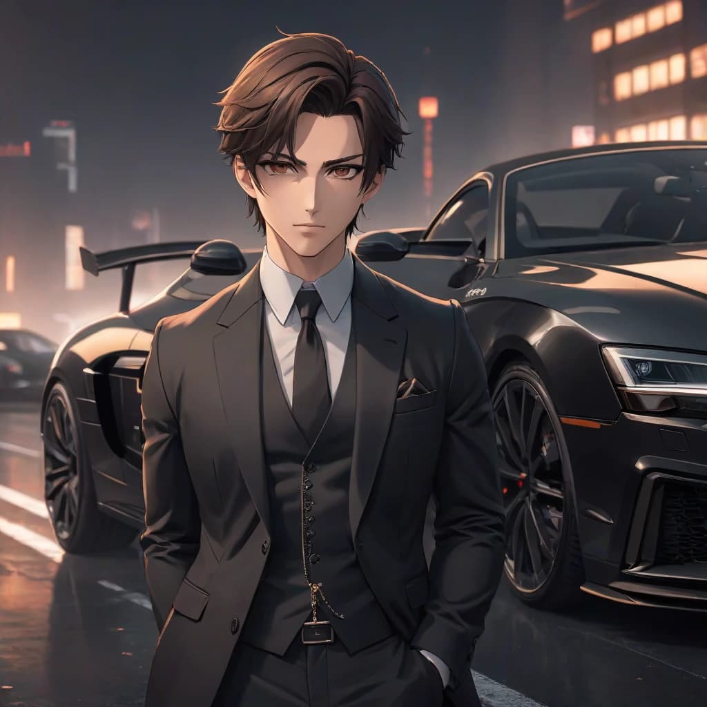 Brown-eyed brunette man in a classic black suit in a black Audi