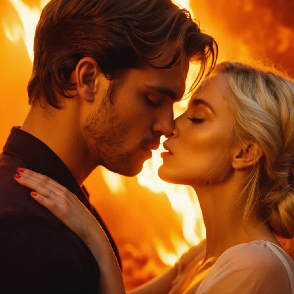 A brunette man and a blonde girl kissing against the background of hell