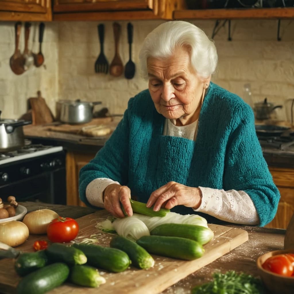 Русская веселая бабушка в деревне делает закрутки из овощей в доме