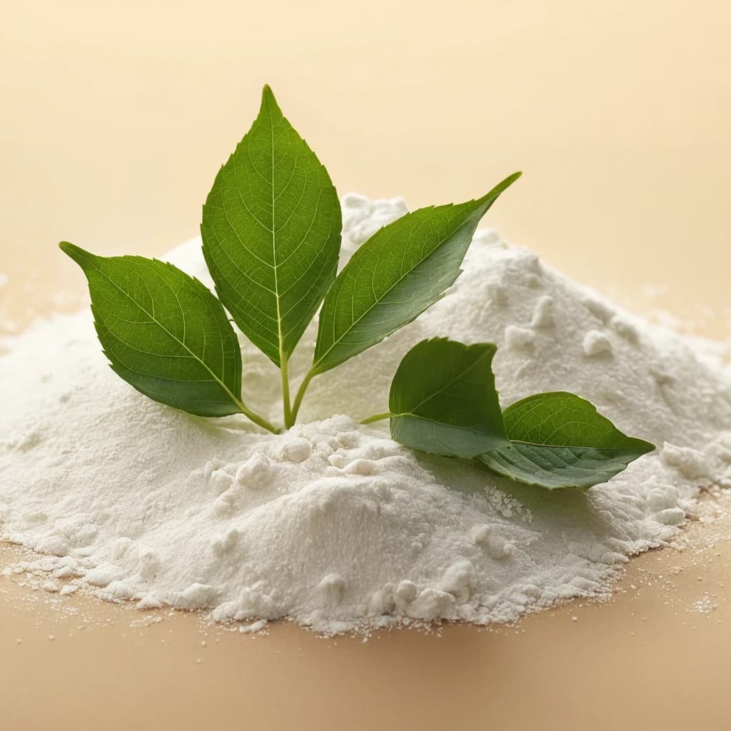 three delicate green leaves fall on a small mound of white flour on a beige background, macro photography, in the style of computer graphics, Soft focus, Tight, Intricacy, Spotlight, Abstraction, Minimalism, Artstation