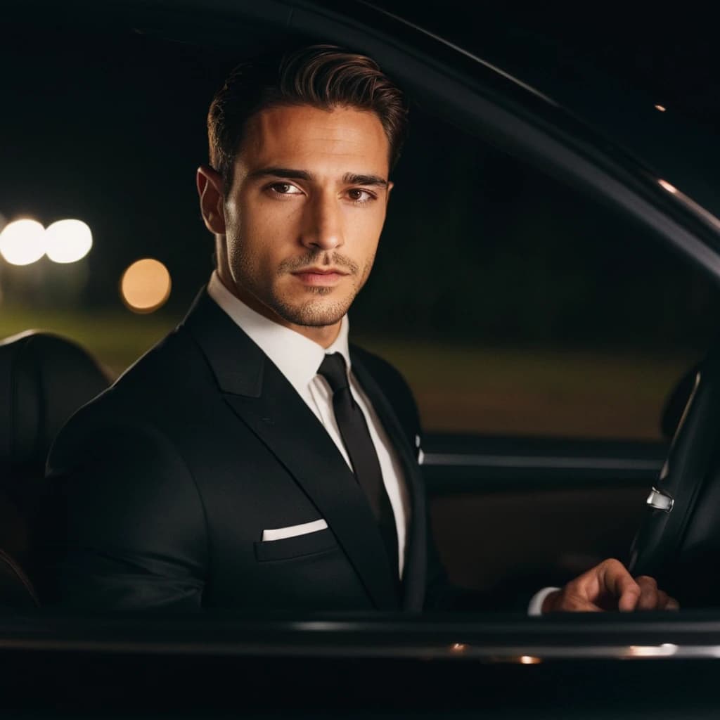 Brown-eyed brunette man in a classic black suit in a black Audi