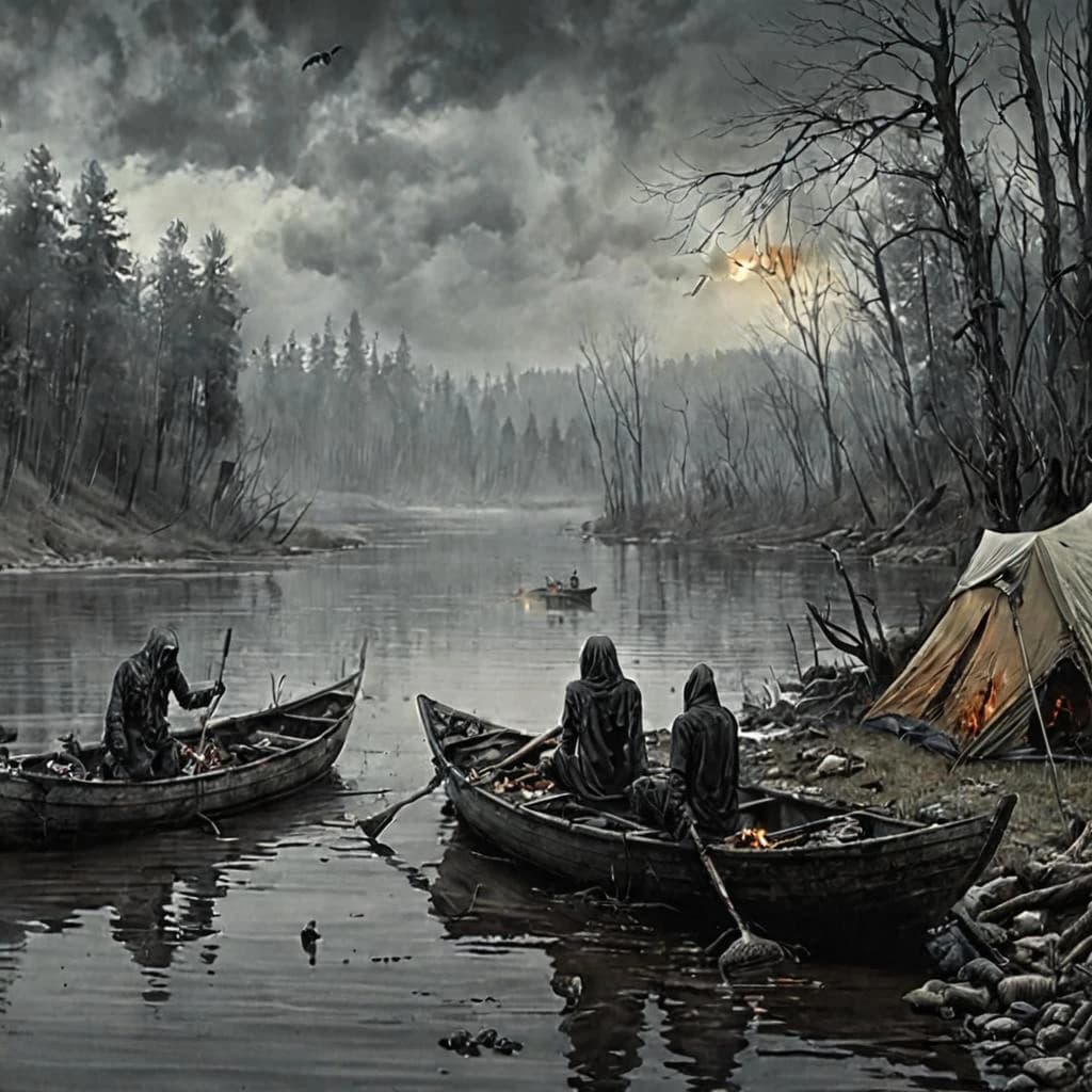 Young people, tourists, relax by the campfire on the river. They play the guitar. A boat and tents are in the background. It's a beautiful drawing. lots of details, realistic, very high quality, watercolor, pencil, ink.. In the style of illustrator Valery Barykin.