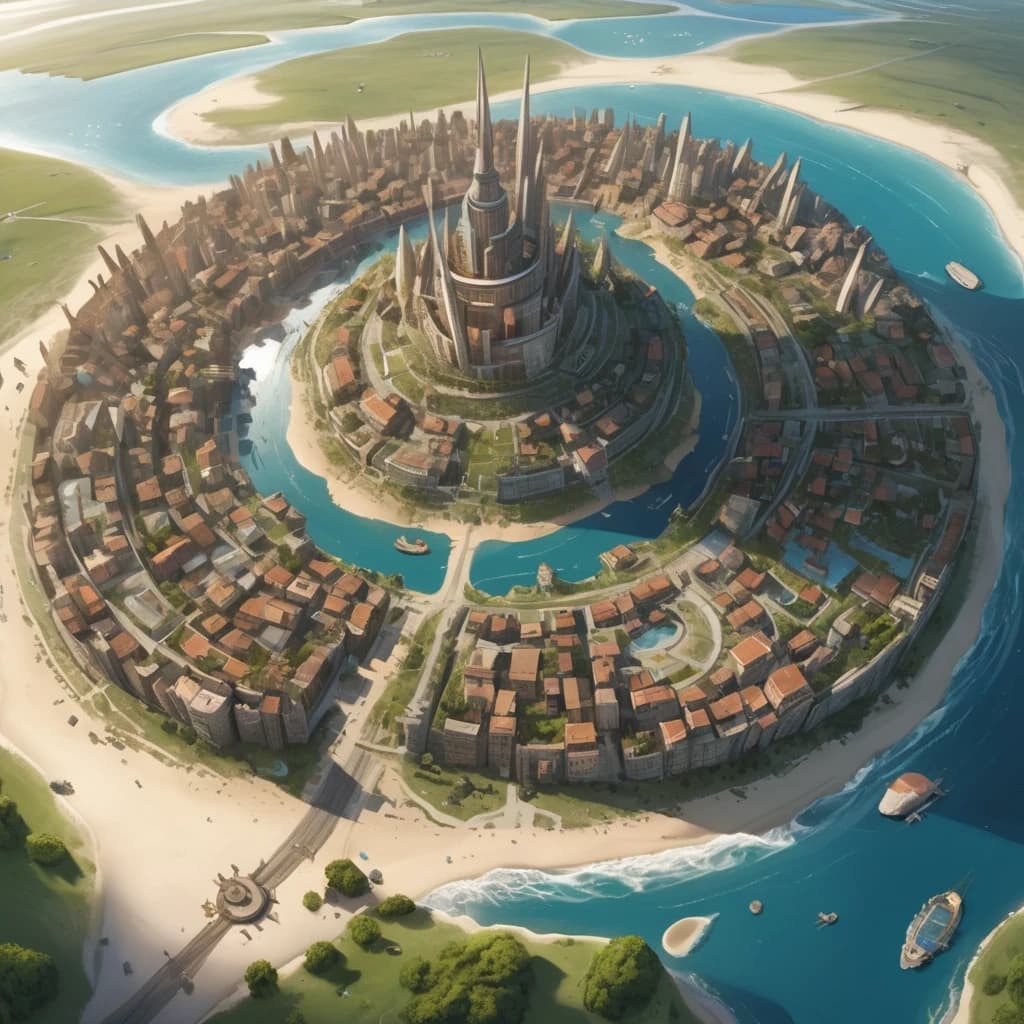 Основная сцена:
A majestic spiral city-island, aerial view, intricate map style. The city is built on a conical mountain, surrounded by a vast, flat sandy coastal plain. The streets form a dense, tangled network, spiraling from the peak down to the fields below.
Похож на Мон-Сен-Мишель. Остров очень высокий, но не широкий. Имеет ТОЛЬКО ТРИ ЯРУСА.
Описание ярусов (сверху вниз):
Верхний ярус (Пик):
At the very top, a Crown District: a complex of ancient churches, temples, and chapels that resemble a huge, ornate carved crown. Stone architecture, spires.
Средний ярус:
Below it, the Upper City: a picturesque district with elegant houses with stucco decorations and colorful stained glass windows. Stone mansions with courtyards and gardens. Bustling, abundant marketplaces. Universities. Opulent and vibrant.
Нижний ярус (У подножия горы):
At the bottom, the Lower City: a chaotic district of slums with rotten, bald roofs. Ramshackle houses, greasy taverns, slippery fish markets, sooty chapels. The houses descend to the water's edge, where laundresses wash clothes, talk, and sing.
Внешнее кольцо:
Surrounding the city walls: vast expanses of fields, gardens, and peasant huts. A noisy port with ships in docks, sailors, and port workers. A causeway with carts and merchants leads to the city.

Ключевые стили и детали:
Fantasy art, detailed, epic scale, cinematic lighting, vibrant colors in the Upper City, muted and grim colors in the Lower City. By artists like Alan Lee and John Howe.