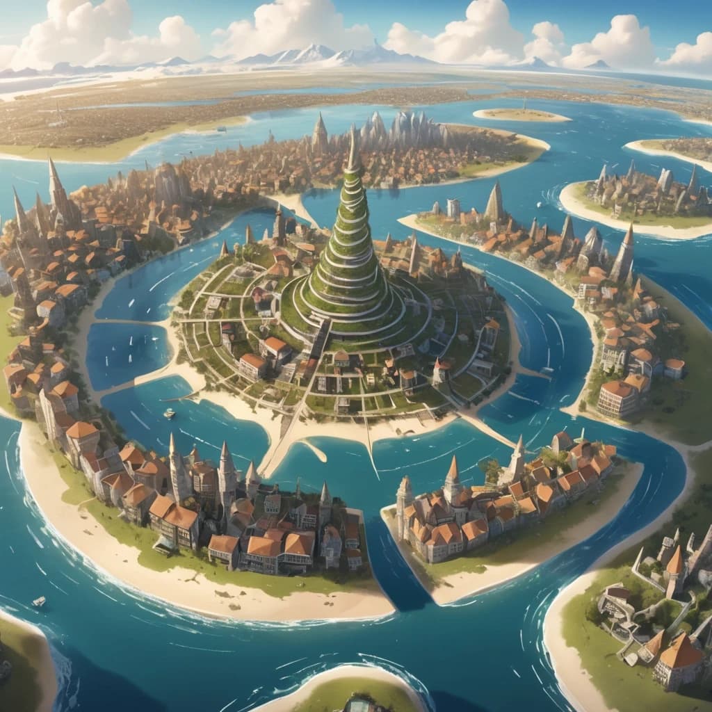 Основная сцена:
A majestic spiral city-island, aerial view, intricate map style. The city is built on a conical mountain, surrounded by a vast, flat sandy coastal plain. The streets form a dense, tangled network, spiraling from the peak down to the fields below.
Похож на Мон-Сен-Мишель. Остров очень высокий, но не широкий. Имеет ТОЛЬКО ТРИ ЯРУСА.
Описание ярусов (сверху вниз):
Верхний ярус (Пик):
At the very top, a Crown District: a complex of ancient churches, temples, and chapels that resemble a huge, ornate carved crown. Stone architecture, spires.
Средний ярус:
Below it, the Upper City: a picturesque district with elegant houses with stucco decorations and colorful stained glass windows. Stone mansions with courtyards and gardens. Bustling, abundant marketplaces. Universities. Opulent and vibrant.
Нижний ярус (У подножия горы):
At the bottom, the Lower City: a chaotic district of slums with rotten, bald roofs. Ramshackle houses, greasy taverns, slippery fish markets, sooty chapels. The houses descend to the water's edge, where laundresses wash clothes, talk, and sing.
Внешнее кольцо:
Surrounding the city walls: vast expanses of fields, gardens, and peasant huts. A noisy port with ships in docks, sailors, and port workers. A causeway with carts and merchants leads to the city.

Ключевые стили и детали:
Fantasy art, detailed, epic scale, cinematic lighting, vibrant colors in the Upper City, muted and grim colors in the Lower City. By artists like Alan Lee and John Howe.