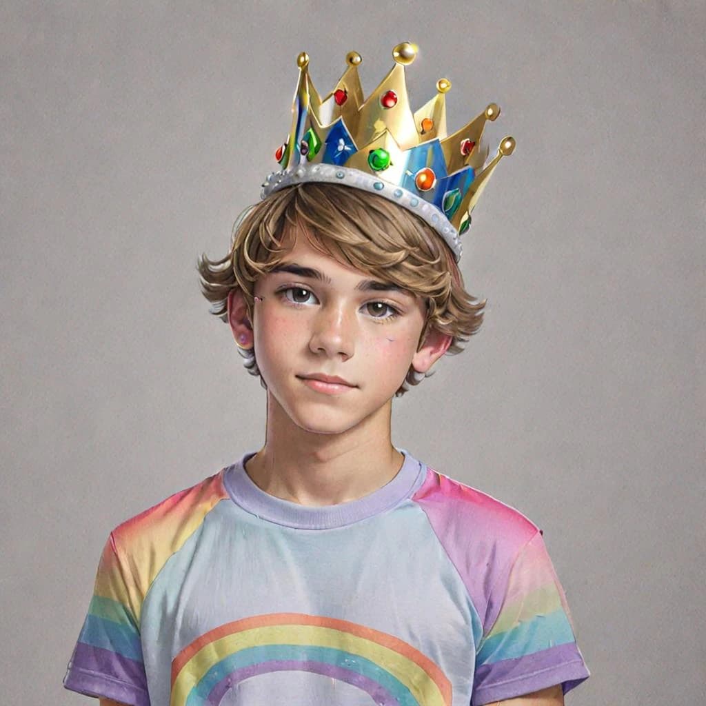 Drawing of a teenage boy with a crown in a rainbow T-shirt