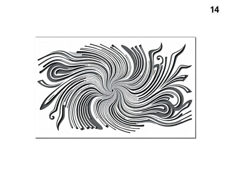 Generate a single, continuous line art stencil for 3D printing. The design must be a unified, connected pattern within a rectangular border, representing abstract speed and wind. Use dynamic, flowing lines that transform into sharp, repeating peaks (for speed rhythm) and tight, incorporated whirlwinds (for wind). The center should be dense and intricate, contrasting with the simpler border. The final design must be a single, unbroken contour where the background is fully removed, ready for 3D printing.