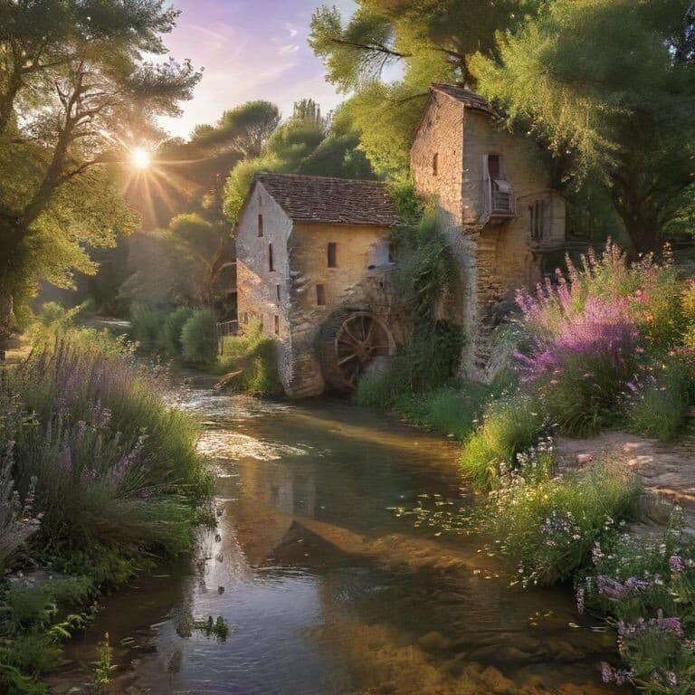 vieux moulin blanc au bord de la rivière, France, Provence, paysage