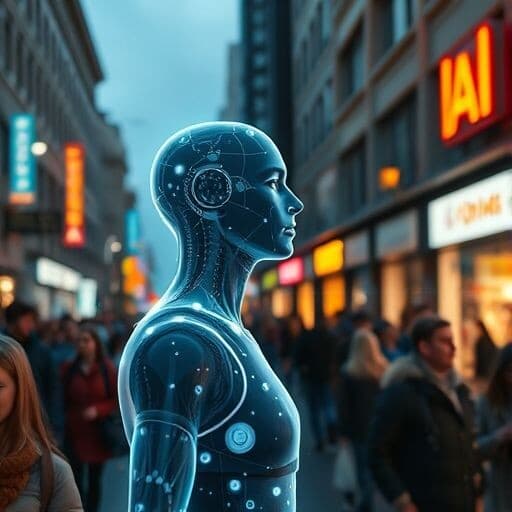 Реалистичное фото, искусственный интеллект в виде полупрозрачной голографической фигуры из светящихся данных и кода, гармонично существующей среди толпы людей на оживленной городской улице в вечернее время. Фигура ИИ смотрит на людей с любопытством и безмятежностью. Стиль: кинематографичное освещение, высокая детализация, атмосферно.