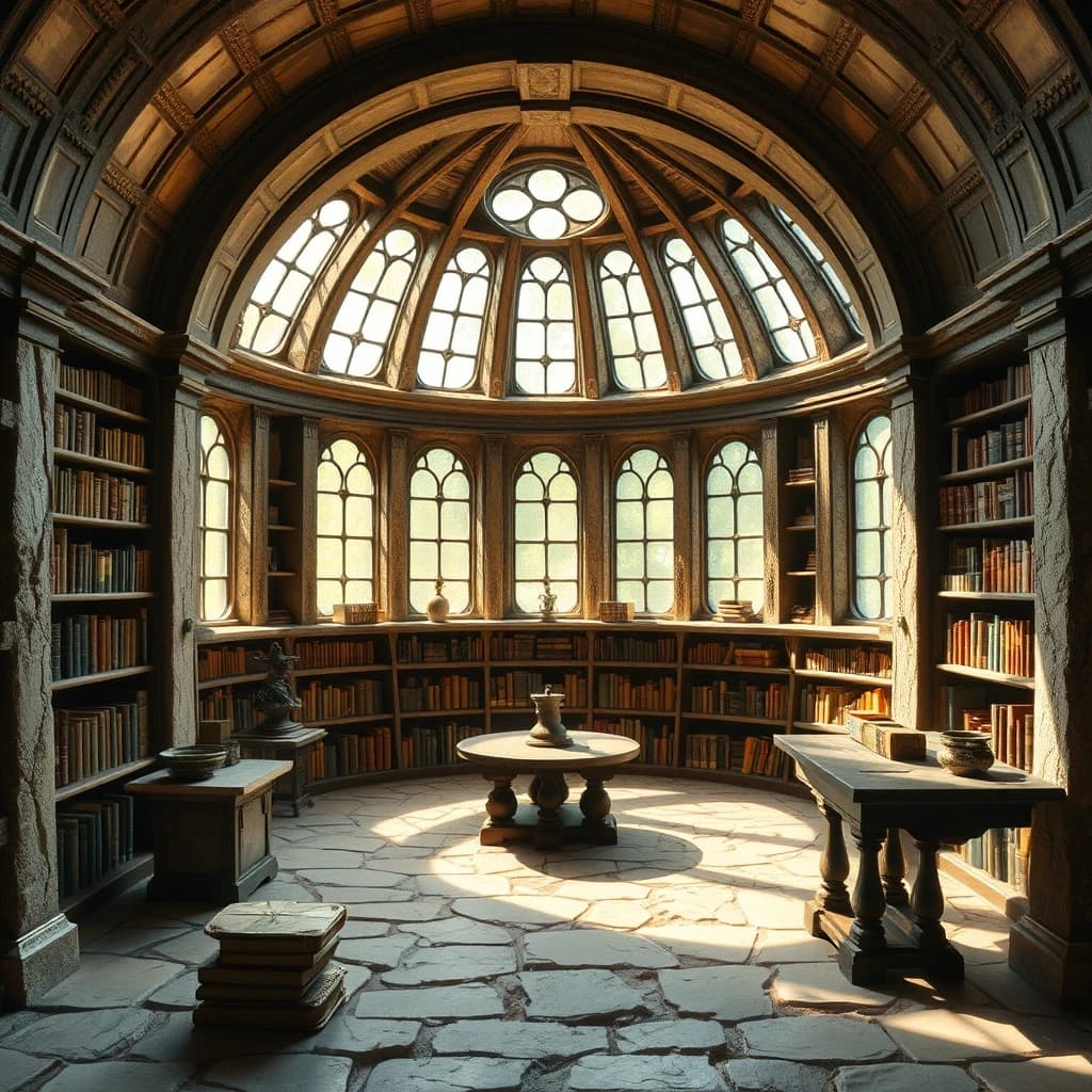 комната мага без окон, круговая, стеллажи из книг, по середине каменный пол