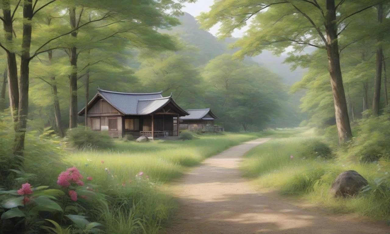 (Photorealism:1.5) Early summer, japan country landscape in morning light, fairytale atmosphere