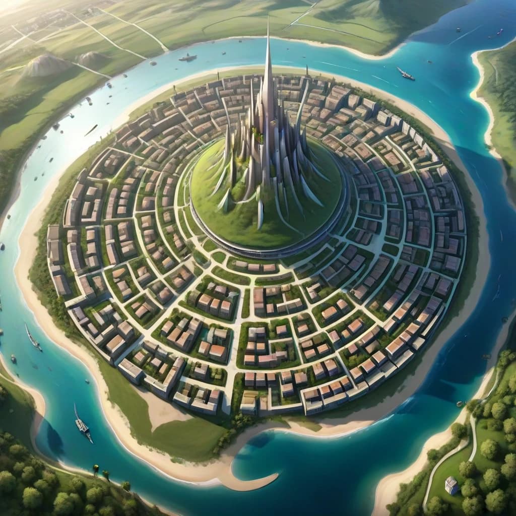 Основная сцена:
A majestic spiral city-island, aerial view, intricate map style. The city is built on a conical mountain, surrounded by a vast, flat sandy coastal plain. The streets form a dense, tangled network, spiraling from the peak down to the fields below.

Описание ярусов (сверху вниз):

Верхний ярус (Пик):
At the very top, a Crown District: a complex of ancient churches, temples, and chapels that resemble a huge, ornate carved crown. Stone architecture, spires.

Средний ярус:
Below it, the Upper City: a picturesque district with elegant houses with stucco decorations and colorful stained glass windows. Stone mansions with courtyards and gardens. Bustling, abundant marketplaces. Universities. Opulent and vibrant.

Нижний ярус (У подножия горы):
At the bottom, the Lower City: a chaotic district of slums with rotten, bald roofs. Ramshackle houses, greasy taverns, slippery fish markets, sooty chapels. The houses descend to the water's edge, where laundresses wash clothes, talk, and sing.

Внешнее кольцо:
Surrounding the city walls: vast expanses of fields, gardens, and peasant huts. A noisy port with ships in docks, sailors, and port workers. A causeway with carts and merchants leads to the city.

Ключевые стили и детали:
Fantasy art, detailed, epic scale, cinematic lighting, vibrant colors in the Upper City, muted and grim colors in the Lower City. By artists like Alan Lee and John Howe.