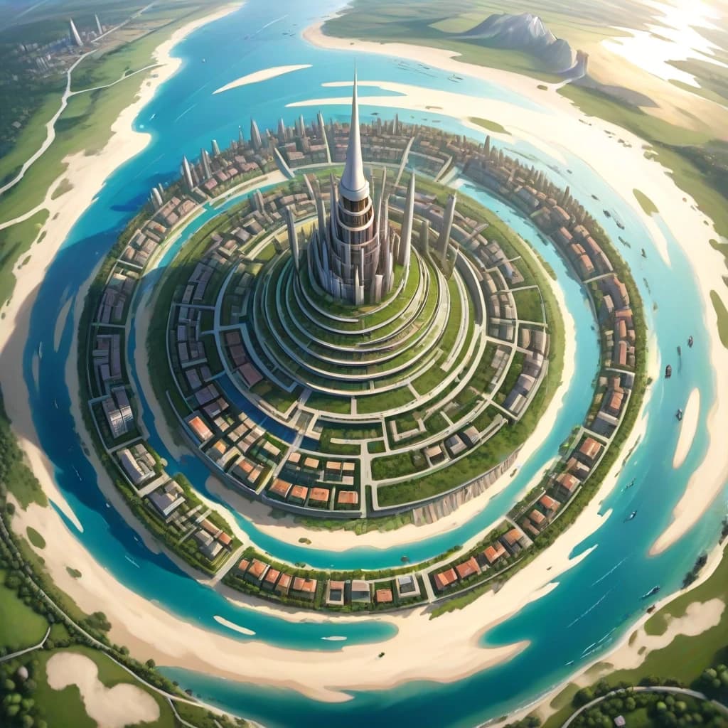 Основная сцена:
A majestic spiral city-island, aerial view, intricate map style. The city is built on a conical mountain, surrounded by a vast, flat sandy coastal plain. The streets form a dense, tangled network, spiraling from the peak down to the fields below.

Описание ярусов (сверху вниз):

Верхний ярус (Пик):
At the very top, a Crown District: a complex of ancient churches, temples, and chapels that resemble a huge, ornate carved crown. Stone architecture, spires.

Средний ярус:
Below it, the Upper City: a picturesque district with elegant houses with stucco decorations and colorful stained glass windows. Stone mansions with courtyards and gardens. Bustling, abundant marketplaces. Universities. Opulent and vibrant.

Нижний ярус (У подножия горы):
At the bottom, the Lower City: a chaotic district of slums with rotten, bald roofs. Ramshackle houses, greasy taverns, slippery fish markets, sooty chapels. The houses descend to the water's edge, where laundresses wash clothes, talk, and sing.

Внешнее кольцо:
Surrounding the city walls: vast expanses of fields, gardens, and peasant huts. A noisy port with ships in docks, sailors, and port workers. A causeway with carts and merchants leads to the city.

Ключевые стили и детали:
Fantasy art, detailed, epic scale, cinematic lighting, vibrant colors in the Upper City, muted and grim colors in the Lower City. By artists like Alan Lee and John Howe.