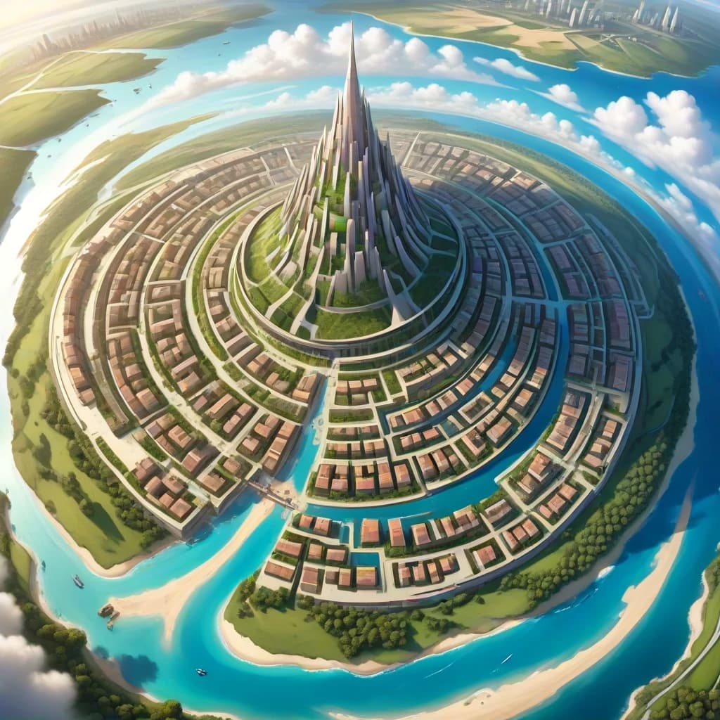 Основная сцена:
A majestic spiral city-island, aerial view, intricate map style. The city is built on a conical mountain, surrounded by a vast, flat sandy coastal plain. The streets form a dense, tangled network, spiraling from the peak down to the fields below.

Описание ярусов (сверху вниз):

Верхний ярус (Пик):
At the very top, a Crown District: a complex of ancient churches, temples, and chapels that resemble a huge, ornate carved crown. Stone architecture, spires.

Средний ярус:
Below it, the Upper City: a picturesque district with elegant houses with stucco decorations and colorful stained glass windows. Stone mansions with courtyards and gardens. Bustling, abundant marketplaces. Universities. Opulent and vibrant.

Нижний ярус (У подножия горы):
At the bottom, the Lower City: a chaotic district of slums with rotten, bald roofs. Ramshackle houses, greasy taverns, slippery fish markets, sooty chapels. The houses descend to the water's edge, where laundresses wash clothes, talk, and sing.

Внешнее кольцо:
Surrounding the city walls: vast expanses of fields, gardens, and peasant huts. A noisy port with ships in docks, sailors, and port workers. A causeway with carts and merchants leads to the city.

Ключевые стили и детали:
Fantasy art, detailed, epic scale, cinematic lighting, vibrant colors in the Upper City, muted and grim colors in the Lower City. By artists like Alan Lee and John Howe.