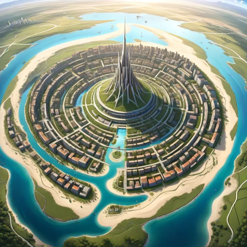 Основная сцена:
A majestic spiral city-island, aerial view, intricate map style. The city is built on a conical mountain, surrounded by a vast, flat sandy coastal plain. The streets form a dense, tangled network, spiraling from the peak down to the fields below.

Описание ярусов (сверху вниз):

Верхний ярус (Пик):
At the very top, a Crown District: a complex of ancient churches, temples, and chapels that resemble a huge, ornate carved crown. Stone architecture, spires.

Средний ярус:
Below it, the Upper City: a picturesque district with elegant houses with stucco decorations and colorful stained glass windows. Stone mansions with courtyards and gardens. Bustling, abundant marketplaces. Universities. Opulent and vibrant.

Нижний ярус (У подножия горы):
At the bottom, the Lower City: a chaotic district of slums with rotten, bald roofs. Ramshackle houses, greasy taverns, slippery fish markets, sooty chapels. The houses descend to the water's edge, where laundresses wash clothes, talk, and sing.

Внешнее кольцо:
Surrounding the city walls: vast expanses of fields, gardens, and peasant huts. A noisy port with ships in docks, sailors, and port workers. A causeway with carts and merchants leads to the city.

Ключевые стили и детали:
Fantasy art, detailed, epic scale, cinematic lighting, vibrant colors in the Upper City, muted and grim colors in the Lower City. By artists like Alan Lee and John Howe.